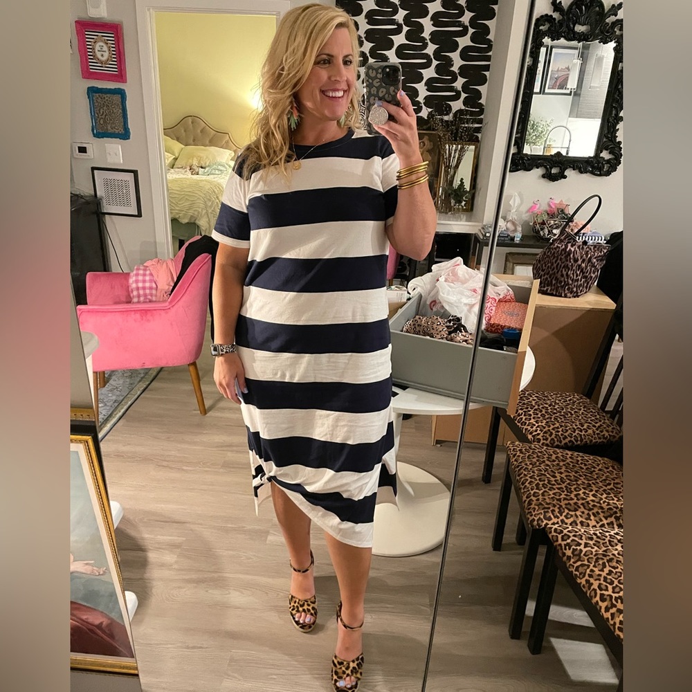 J.crew factory large white and navy striped t shirt dress GUC